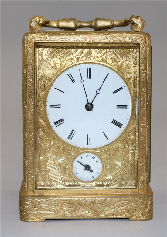A 19th century French gilt brass alarum carriage clock, H.5.5in.